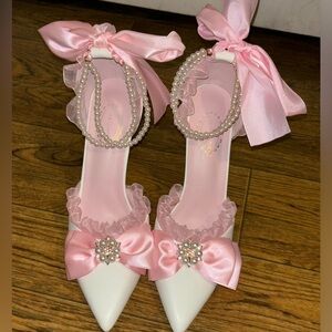 Elegant Pink and White Women's Shoes with Pearl Detailing